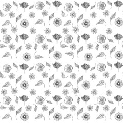 Fototapeta premium Seamless floral pattern with flowers and leaves in doodle technique on a white background vector illustration