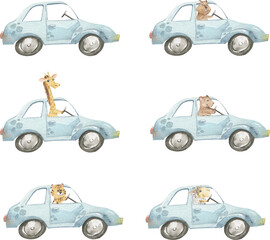 Watercolor illustration of a blue car with animals at the wheel