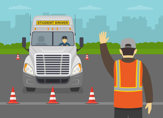 Heavy vehicle driving practice test with red cones. Student driver stopping at stop line. Instructor shows stop gesture. Flat vector illustration template.