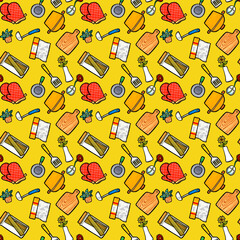 キッチンツールのシームレスパターン　手描きイラストのテキスタイル