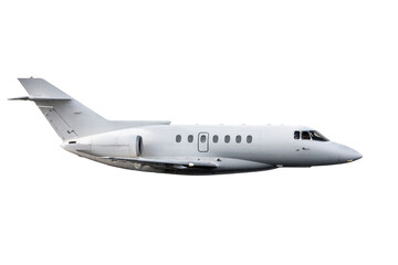 White modern private jet flies isolated on white background