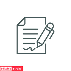 Pen signing contract icon. Simple outline style. Signature, paper, thin line symbol isolated on white background for graphic and web design. Editable stroke EPS 10.