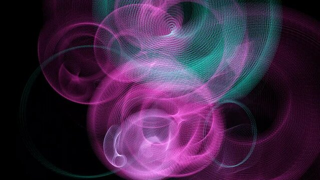 Seamless loop of glowing abstract spirals appear, rotate, then fade to black