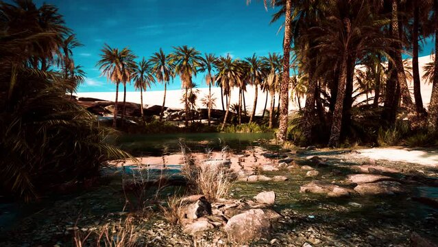 pond and palm trees in desert oasis