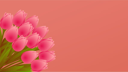 bouquet of pink tulip, 3d realistic illustration, on orange background, top shot, vector.