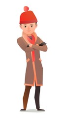 Little boy in winter clothes. Sheepskin coat and warm hat. Teen in winter. Cheerful person. Standing pose. Cartoon comic style flat design. Single character. Illustration isolated background. Vector