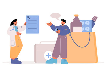 Telemedicine and digital pharmacy concept. Online purchase of medicines flat cartoon vector illustration. Doctor gives to patient RX prescription and he buys pills using mobile phone.