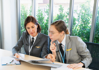 Business and hiring manager women looking at details of job interview of worker together in meeting...