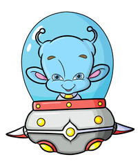 The cute alien is driving the advanced ufo in the space