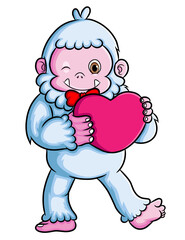 The sweet yeti is holding and hugging the big heart doll