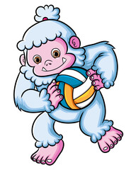 The sporty girl yeti is playing the volley ball in the field