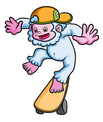 The happy yeti is playing the attraction with the skateboard