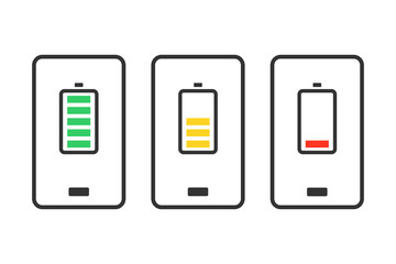 Smartphones with battery level indicators. Device with low and full battery. Mobile charging. Discharged phonee battery. Illustration vector