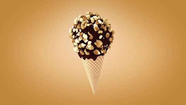 Realistic ice cream with waffle cone animation. Alpha Matte footage. 4K animation, Ice cream with chocolate, cashew and nuts.
