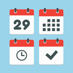 Icons calendar number 29, agenda app, timer, done