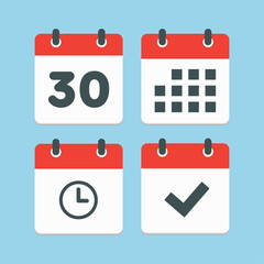 Icons calendar number 30, agenda app, timer, done