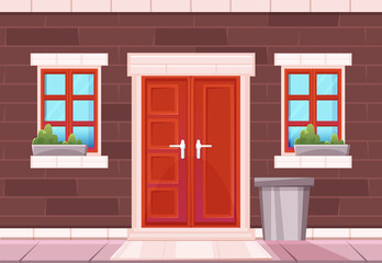 House facade with brick wall, red door, windows and trash bin. Vector cartoon illustration of home entrance with closed door and flowers in pots. Exterior of cottage in city or suburb neighborhood