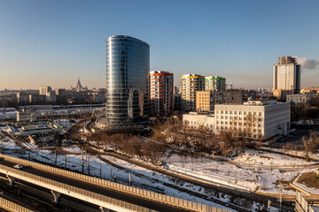 urban industrial landscape in the morning at sunrise shot from a drone 