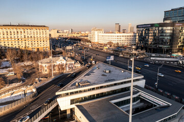 Fototapeta premium urban industrial landscape in the morning at sunrise shot from a drone 