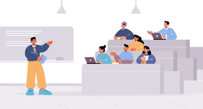 University Lecture Hall With Teacher And Students Sitting At Desks. Concept Of Education, Conference, Public Seminar. Vector Flat Illustration Of Speaker And Audience In College Classroom