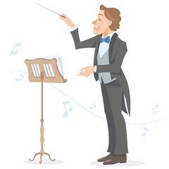 A young music conductor waving a conductor's baton. Standing with flying musical notes. Vector illustration in flat cartoon style.