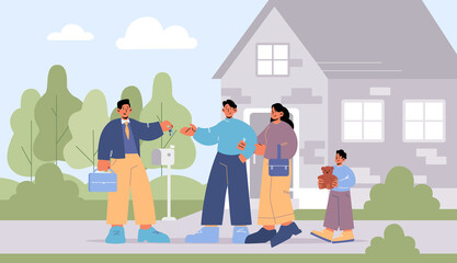 Family buy or rent house from real estate agent. Vector flat illustration of man realtor gives key to couple with kid. Landscape with building, salesman and customers