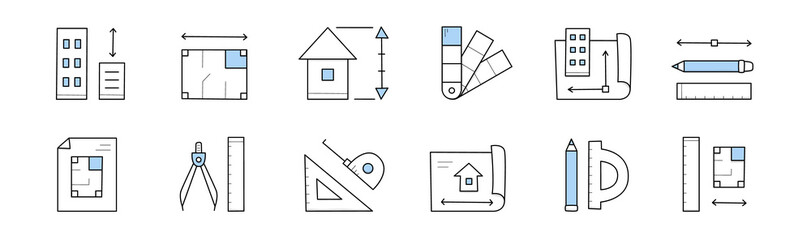 Architecture icons with house project blueprint, building construction plan, measure tools. Vector hand drawn set of architect equipment, engineering draft, drawing compass and home scheme