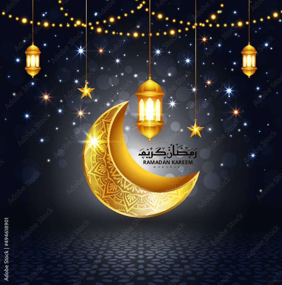 Wall mural ramadan kareem ramadhan greeting card ramzan mubarak with lantern and arabic islamic pattern for eid