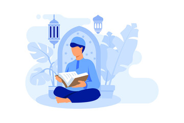 Muslim reading the quran islamic holy book. Illustration logo