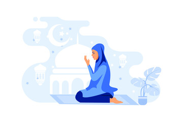 Beautiful young muslim woman pray from side view, 
sitting on roof. Vector illustration in EPS 10.