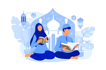 Obraz premium Muslim couple reading and studying the Quran during Ramadan Kareem holy Month vector illustration