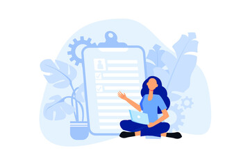 fill out form, for web banners, infographics, websites. Concept done job, checklist, long paper document to do list with checkboxes. Freelancer working on computer, life work balance, time management