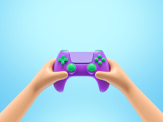 Cartoon character hands holding purple gamepad controller isolated over blue background. Console Pc gaming and online cybersport concept. 3d render illustration. © spf
