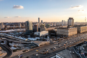 urban industrial landscape in the morning at sunrise shot from a drone 