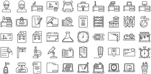 a set of school supplies and education icons, line style