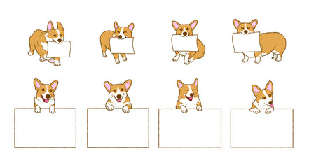 Fototapeta premium Cartoon corgi dog with blank paper. Dog above banner or sign illustration