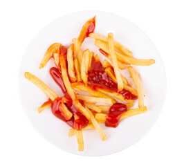 french fries potato and ketchup on dish isolated on white background with clipping path