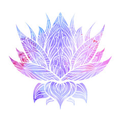Vector silhouette of lotus with violet and pink watercolor background. Colorful print of water lily for icon. Natural sacred symbol