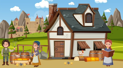 Obraz premium Medieval town scene with villagers