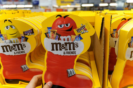 Tyumen, Russia-December 02, 2021: Milk chocolate m and ms made by Mars Inc. Selective focus