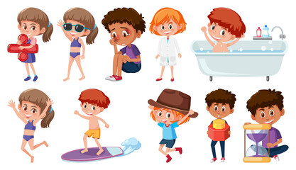 Set of children doing different activities on white background