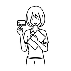 立って書類とカードを手に持つポロシャツの女性