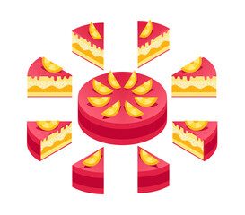 Pieces of cake. Citrus Pie infographics set. The whole cake and its parts. Isometric view.