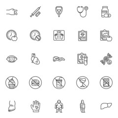Diabetes disease line icons set