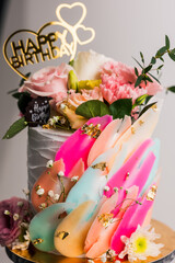 birthday cake with candles  and decoration with flower food anniversary concept cover banner background.vertical background.