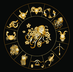 Circle flower of Astrology design.horoscope circle with signs of zodiac set vector.signs such as a aries, taurus, gemini, cancer, leo, virgo, libra, scorpio, sagittarius, capricorn,aquarius, pisces.