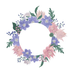 Watercolor painting round frame with beautiful gentle flowers. Perfect for wedding design