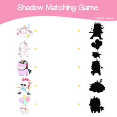 Unicorn matching shadow game for Preschool Children. Educational printable worksheet. Matching the images with the shadow worksheet. Motoric movements.