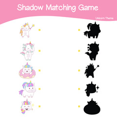 Unicorn matching shadow game for Preschool Children. Educational printable worksheet. Matching the images with the shadow worksheet. Motoric movements.