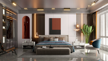 Camera da letto di design moderno, armadio con vestiti, armadio, letto, vetro, poltrona, 3d rendering - obrazy, fototapety, plakaty